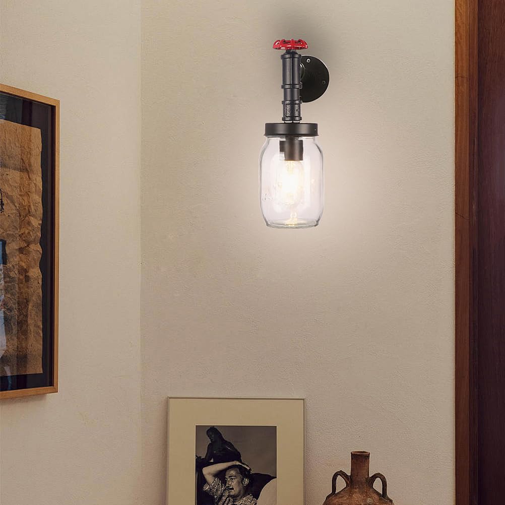 Szklana lampa ścienna Vintage Industrial Water Pipe Wall Lamp E27 Wewnątrz Czarna, dekoracyjna lampa w stylu retro Water Pipe z metalu do sypialni, salonu, stolika nocnego, schodów, korytarza, oświetl