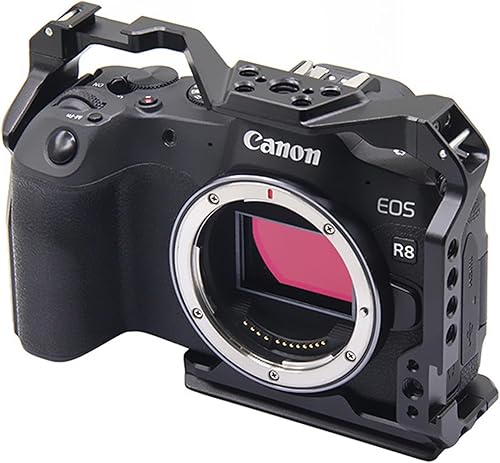 Jaula para cámara Canon R8 Full Cage Canon EOS R8 con soporte de zapata fría, 14 "-20 agujeros roscados y 38"-16 agujeros de localización para ARRI