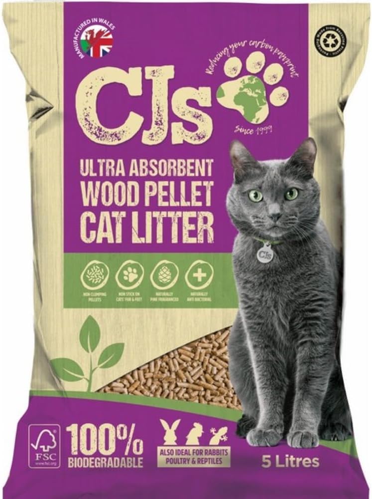 Cj's Premuim Cat Litter Ultra Absorbent Wood Pellets Non Clumping Biodegradable Natural Litter for Cats, Rabbits, Poultry and Reptiles - 5L