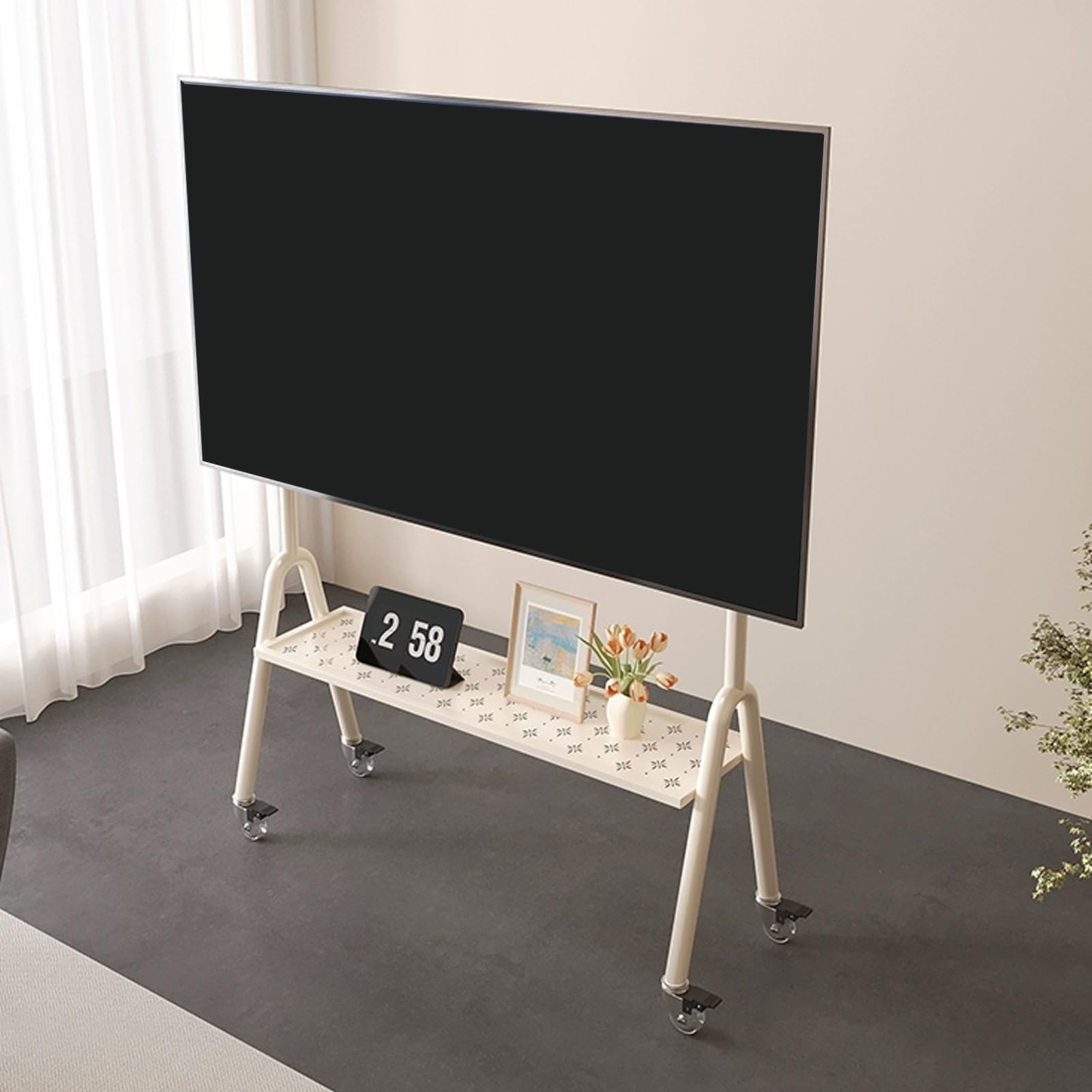 Rangement double couche pour support TV mobile à roulettes robuste de 60-100"