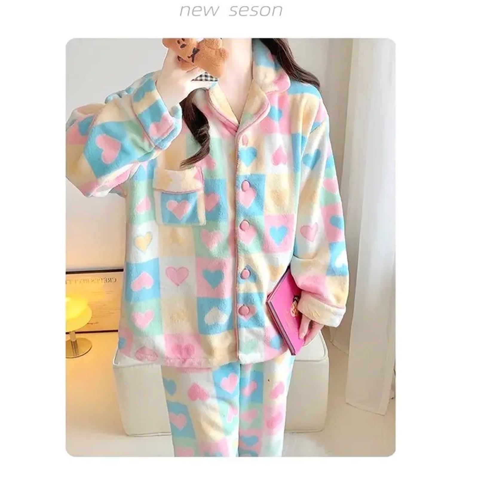 Women's Sweet Pajamas Set – Love & Striped Print, Long Sleeve Sleepwear Suit, Button Top and Pants with Pockets, Soft(XL 58-65kg)
