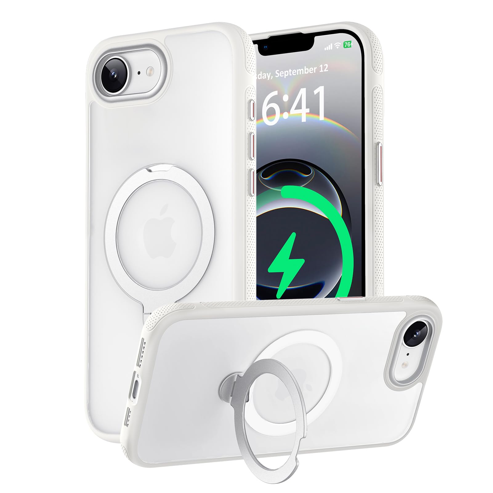 KISECASE iPhone 16e/17e 用 ケース Magsafeアクセサリー対応 ワイヤレス充電 磁気リング マグネット搭載 定点360度回転スタンド ボタン保護 ホコリ防止 耐衝撃 耐久性 黄ばみ防 滑り止め 落下保護 傷防止 携帯ケース リング アイフォン16e/17e 用 カバー ストラップホール付き (半透明+ホワイト, iPhone 16E/17E 用)