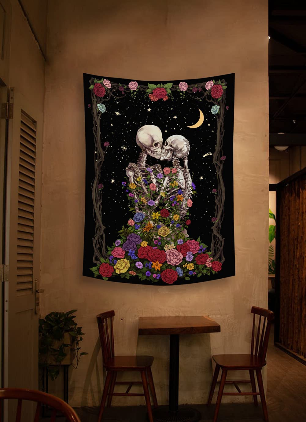 YISUMEI Skull Tapestry The Kissing Lovers Tapestry for Bedroom Aesthetic Flowers Starry Tapestries Wall Hanging for Room Decor(M/130x150cm/51x60inch) - Image 4