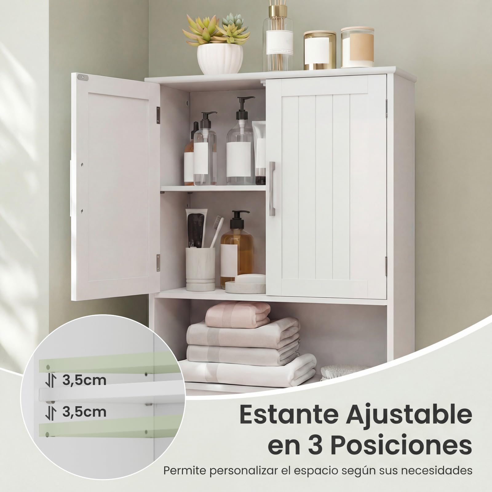 COSTWAY Mueble sobre Inodoro, 2 Puertas, 2 Baldas Regulables y 1 Estante, Armario Lavadora, Mueble Encima WC, 63x23x168 cm, Blanco