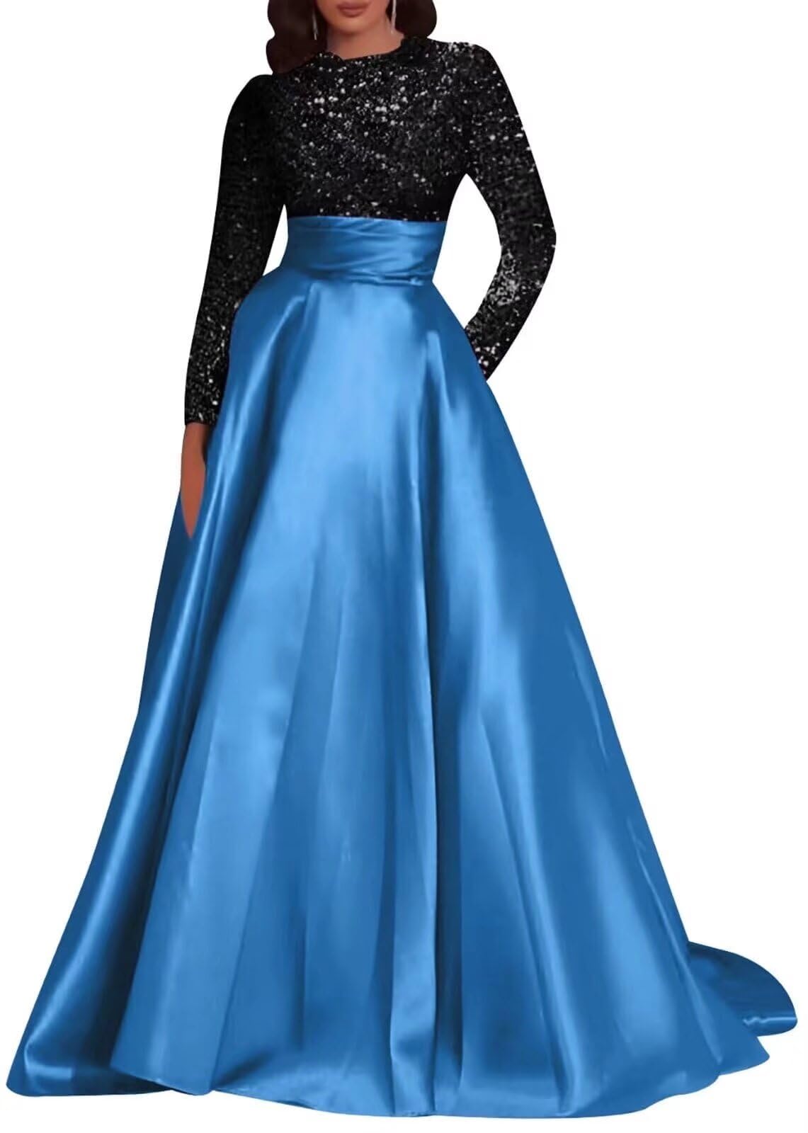 CMISDAC Long Sleeve Sequin Prom Dress for Women Sparkly A Line Formal Party Dresses Satin Evening Gowns LL-M009