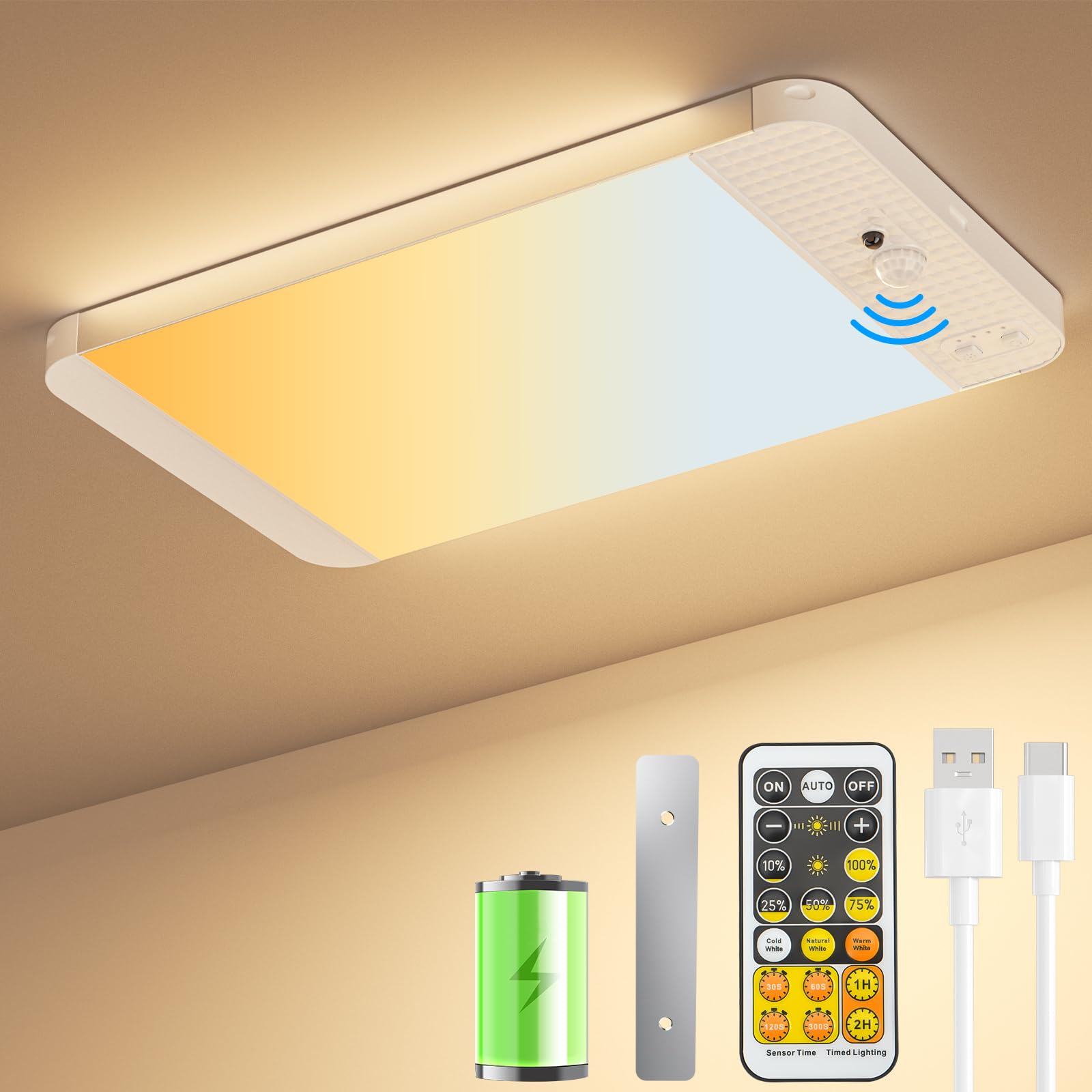 Akku Deckenleuchte mit Bewegungsmelder Innen, USB Aufladbar Kabellos Lampe mit Bewegungsmelder Led Deckenlampe Dimmbar mit 5000mAh Batterie Fernbedienung ohne Bohren 3 Farbmodi für Badezimmer Keller