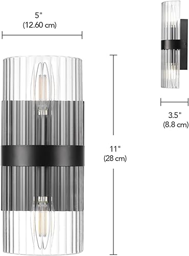Miniatura 7 de Globe Electric 65000050 Aplique de pared de 2 luces, negro mate, pantalla de vidrio acanalado, enchufes de base E12, luces de pared para sala de