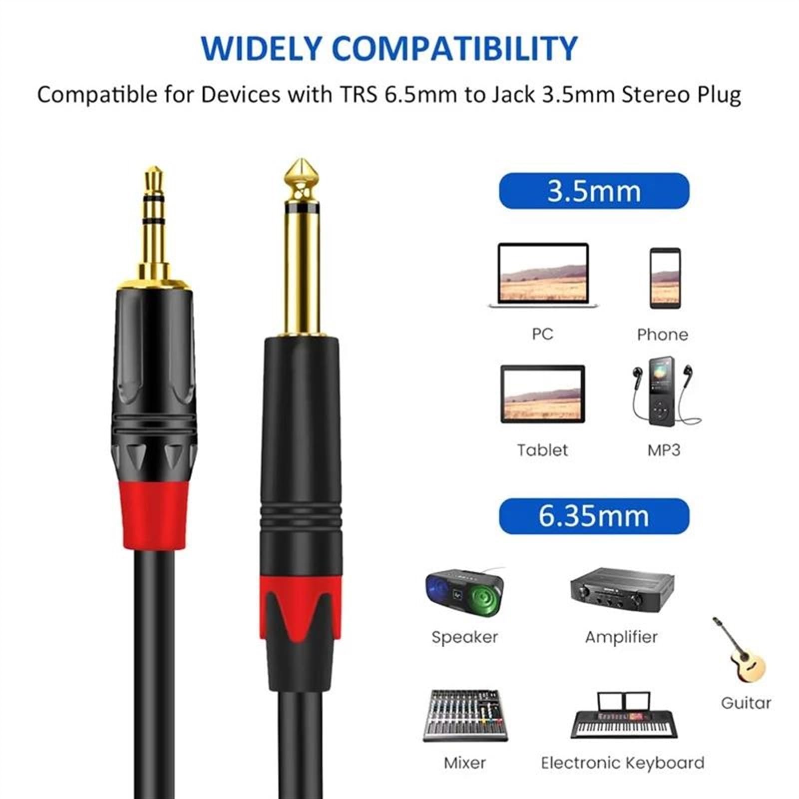 Cables para instrumentos Cable Más Largo De 6,5 Mm A 3,5 Mm Cable De De Una Sola Pista Para Altavoz De PC Guitarra DVD Mezclador Teléfono Cable Amplificador De Computadora(Black,20m)
