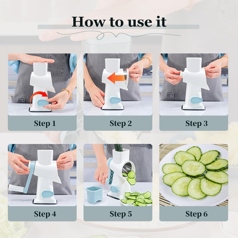 Vegetable Cutter Cheese Grater, 2026 Upgraded Cheese Grater Hand Crank, Rotary Cheese Grater, with Strong Suction Base, 3 Replaceable Stainless Drum Blades, for Cheese Nuts Potatoes Salads (Blue)