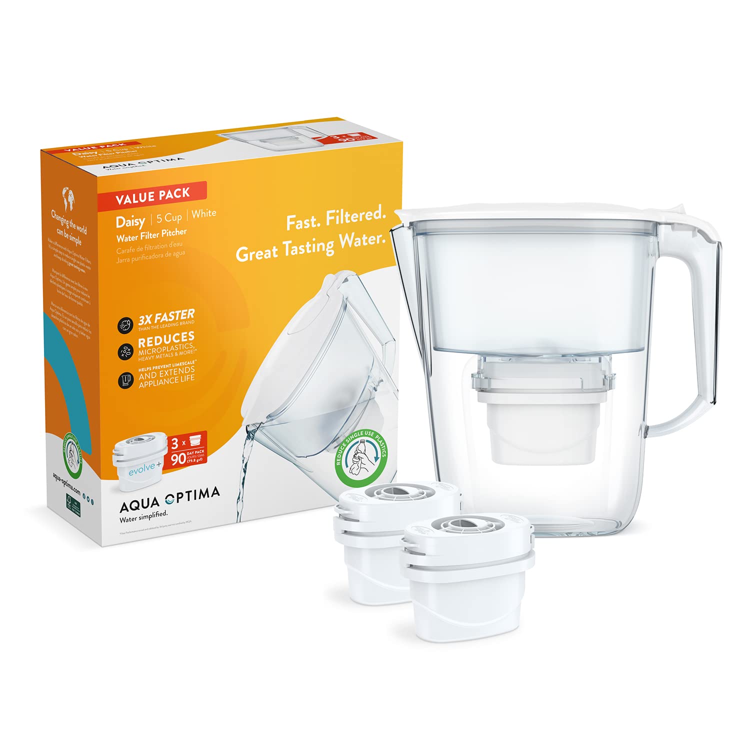 Aqua Optima Water Filter Pitcher Value Pack for Tap and Drinking Water with 3 Evolve+ Filter, BPA Free, WQA Certified, Daisy Design (White)