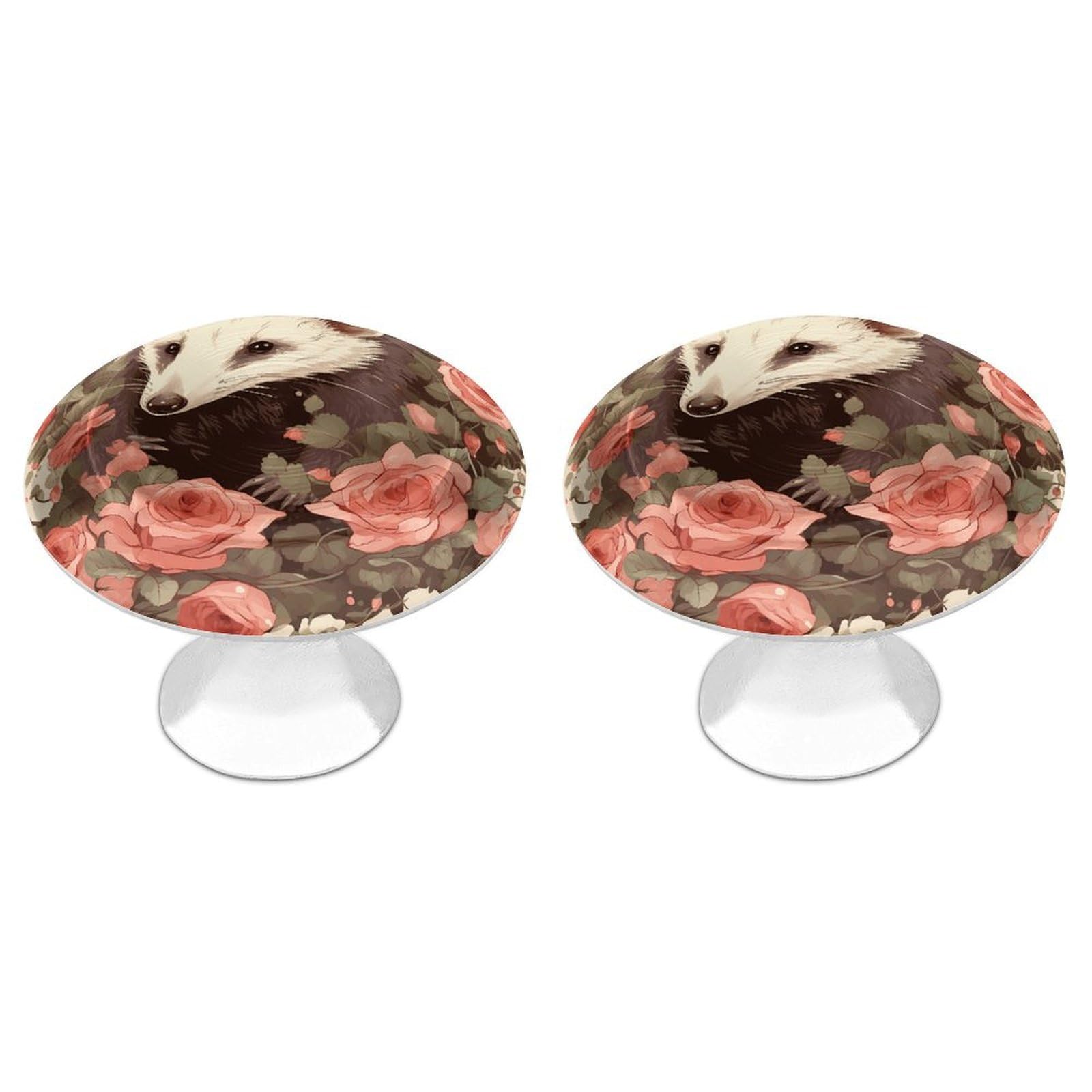 FekiLoot Opossum and Roses Cabinet Knobs Simple Drawer Handles Aluminum Alloy Kitchen Pulls Round Cabinet Door Knobs with Screw Door Hardware for Dresser Cabinets 2 Pack
