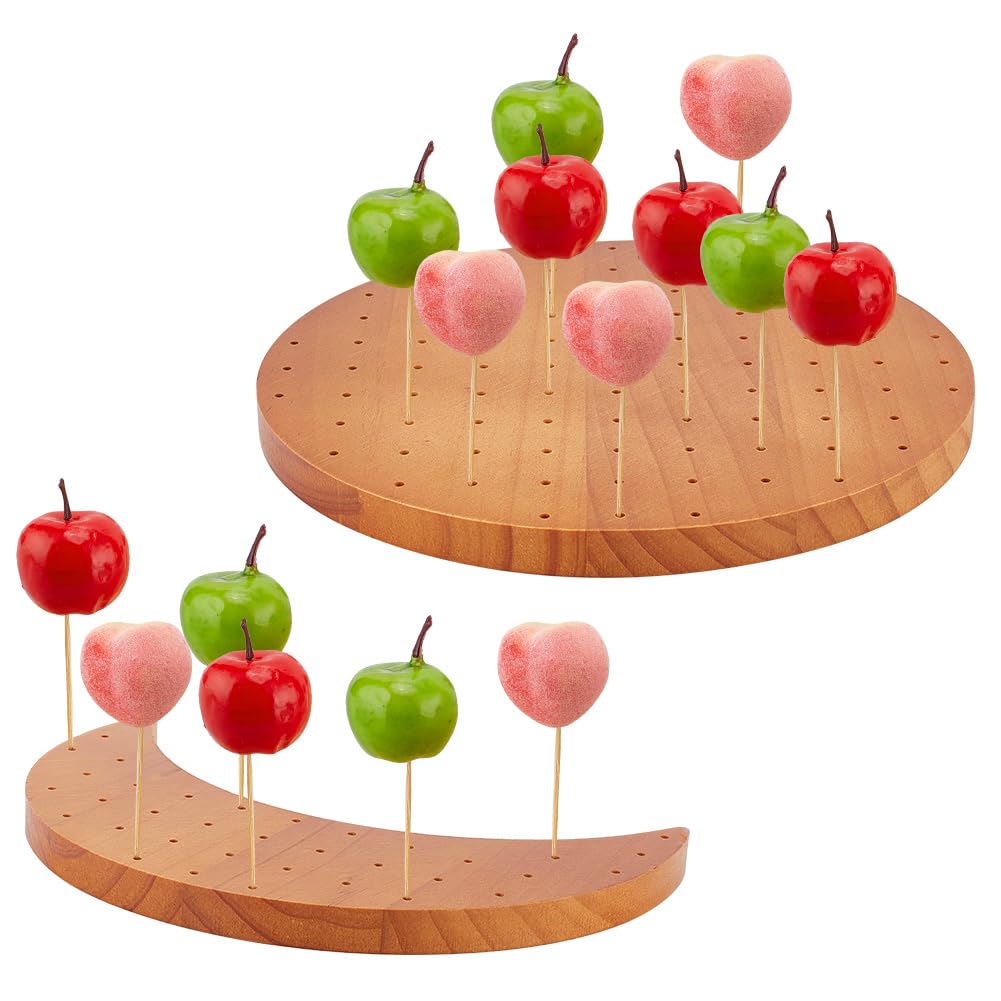 FINGERINSPIRE 2 Pcs Wood Skewer Holder for Food Display Round/Moon Shape 89/36 Holes Lollipop Display Stand Peru Color Wooden Appetizer Food Pick