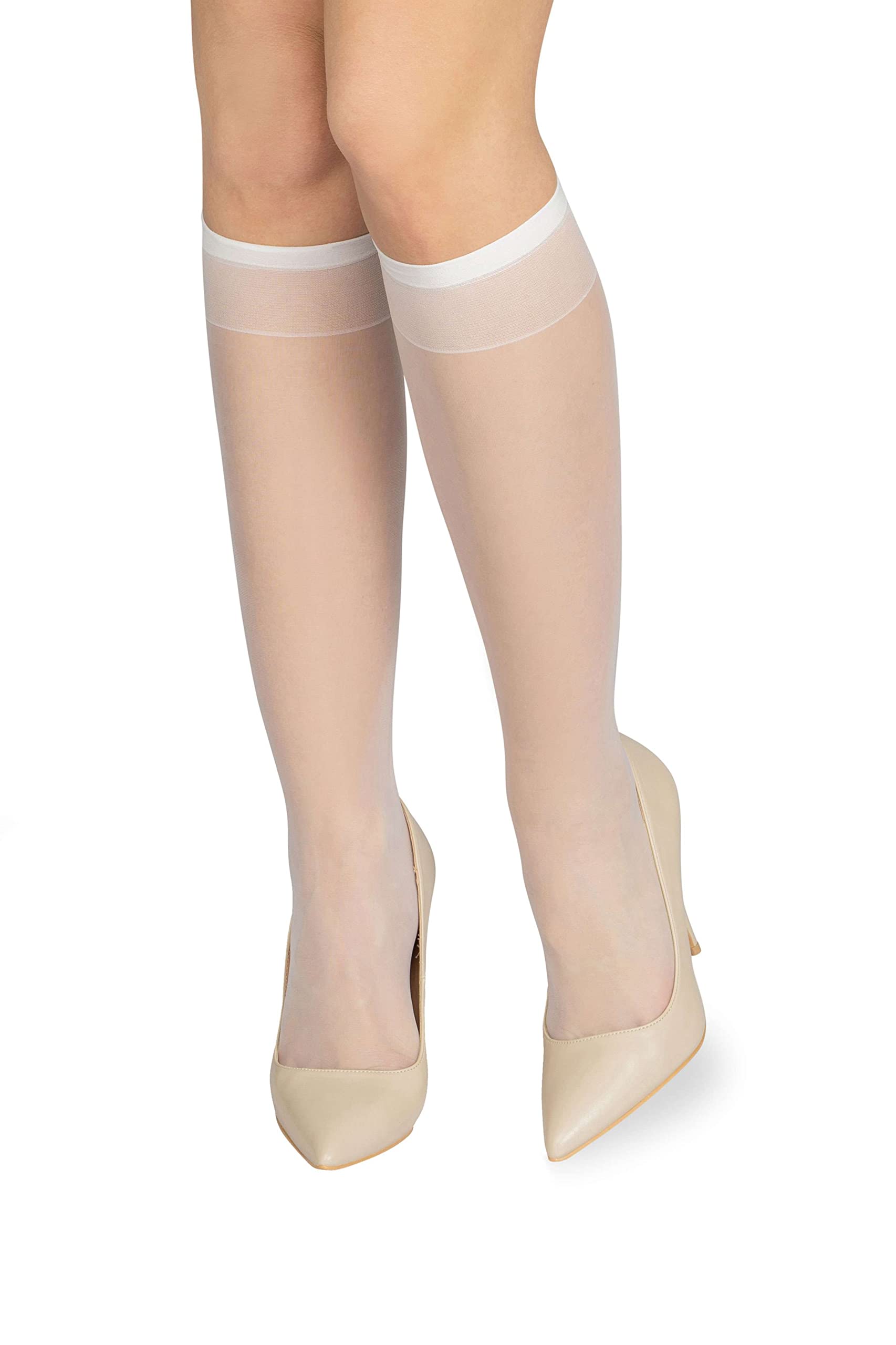 Noq Women's Bianco Socks Knee-Highs Plain 15 Den Casual Style Pressure-Free Semi-Matte Transparent Knee Socks With Comfort Top Two Pairs One Size,