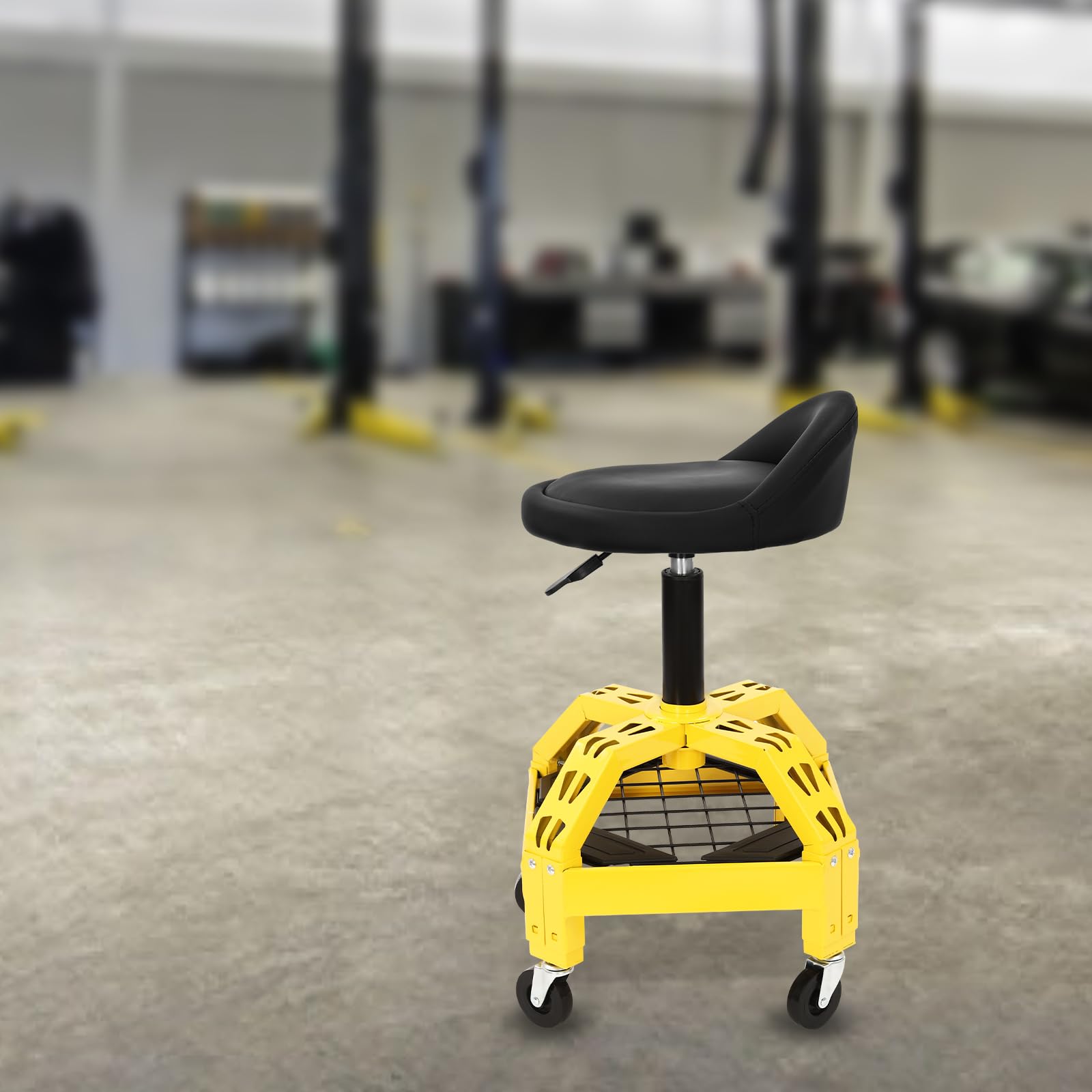Sgabello da officina regolabile in altezza, girevole con 4 ruote universali, portata fino a 130 kg, ideale per riparazioni e officine
