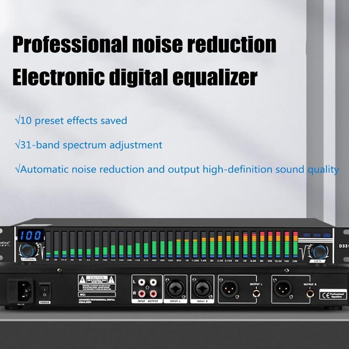Equalizzatore grafico, equalizzatore grafico digitale, visualizzazione dello spettro stereo a 31 bande, 10 modalità di effetto possono essere pre-memorizzate, regolazione di alti, medi e bassi, ridu