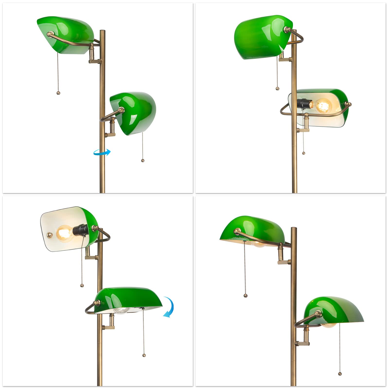 FIRVRE Stehlampe Schmal Vintage, Stehleuchte Gold mit Grüner Glaslampenschirm, Stehlampe Ecke mit Reißverschlussschalter für Wohnzimmer Büro Schlafzimmer