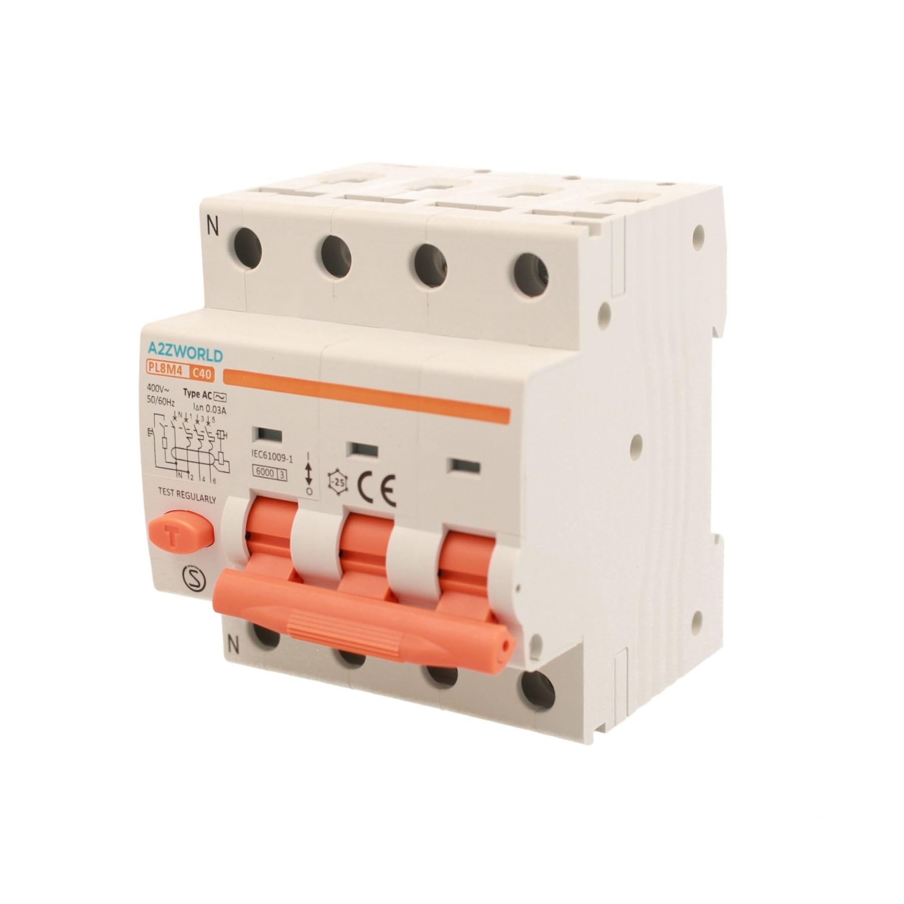 Interrupteur différentiel magnétothermique triphasé 30 mA 40 A C40, RCBO type AC courbe C, 3P+N 6 kA 400 V, occupe 4 modules DIN