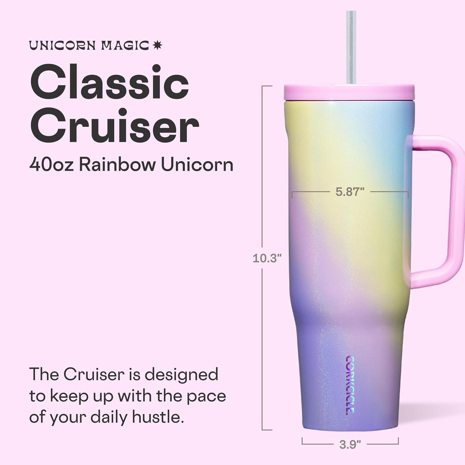 Corkcicle Cruiser Insulated Tumbler - Keeps Drinks Cold 20 Hours - Triple-Insulated Stainless Steel - Spill-Proof Lid - Summer Drinkware Gift - Keeps Drinks Ice Cold - 40 oz - Rainbow Unicorn - Image 2