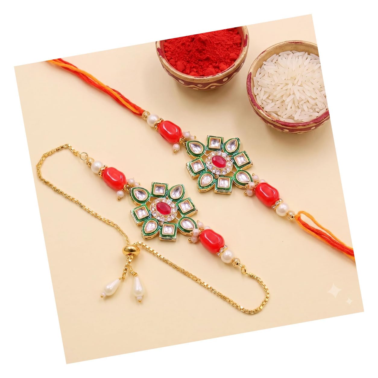 tied ribbons Rakhi for Brother and Bhabhi - Designer Kundan Pearl Couple Rakhis Set of 2 with Card and Tikka-picture-20