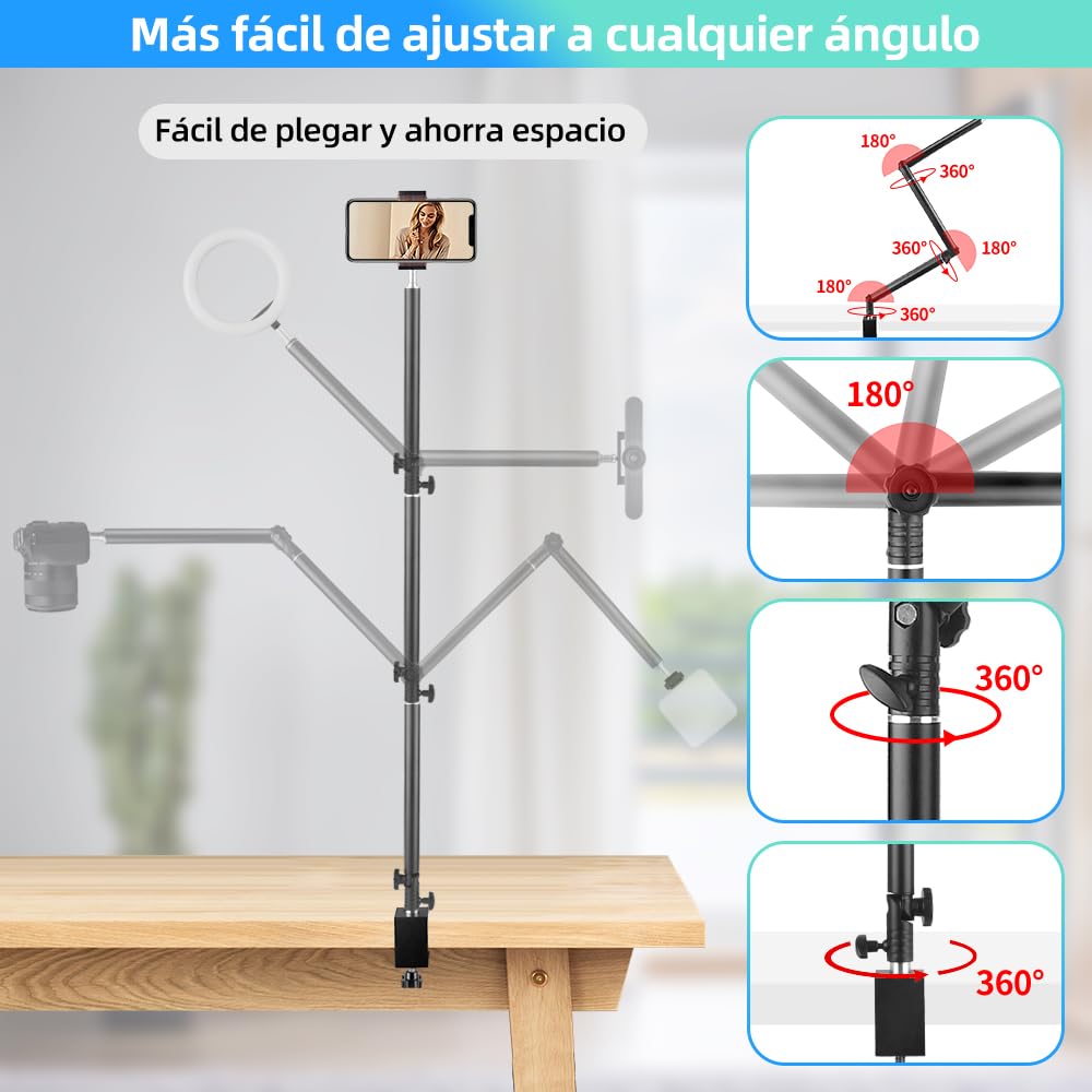 MS05 Soporte Superior para Cámara, 37-104cm Soporte de Escritorio para Cámara, Brazo Articulado Desmontable de 3 Secciones con rótula de 1/4" para DSLR, Webcam, Proyector
