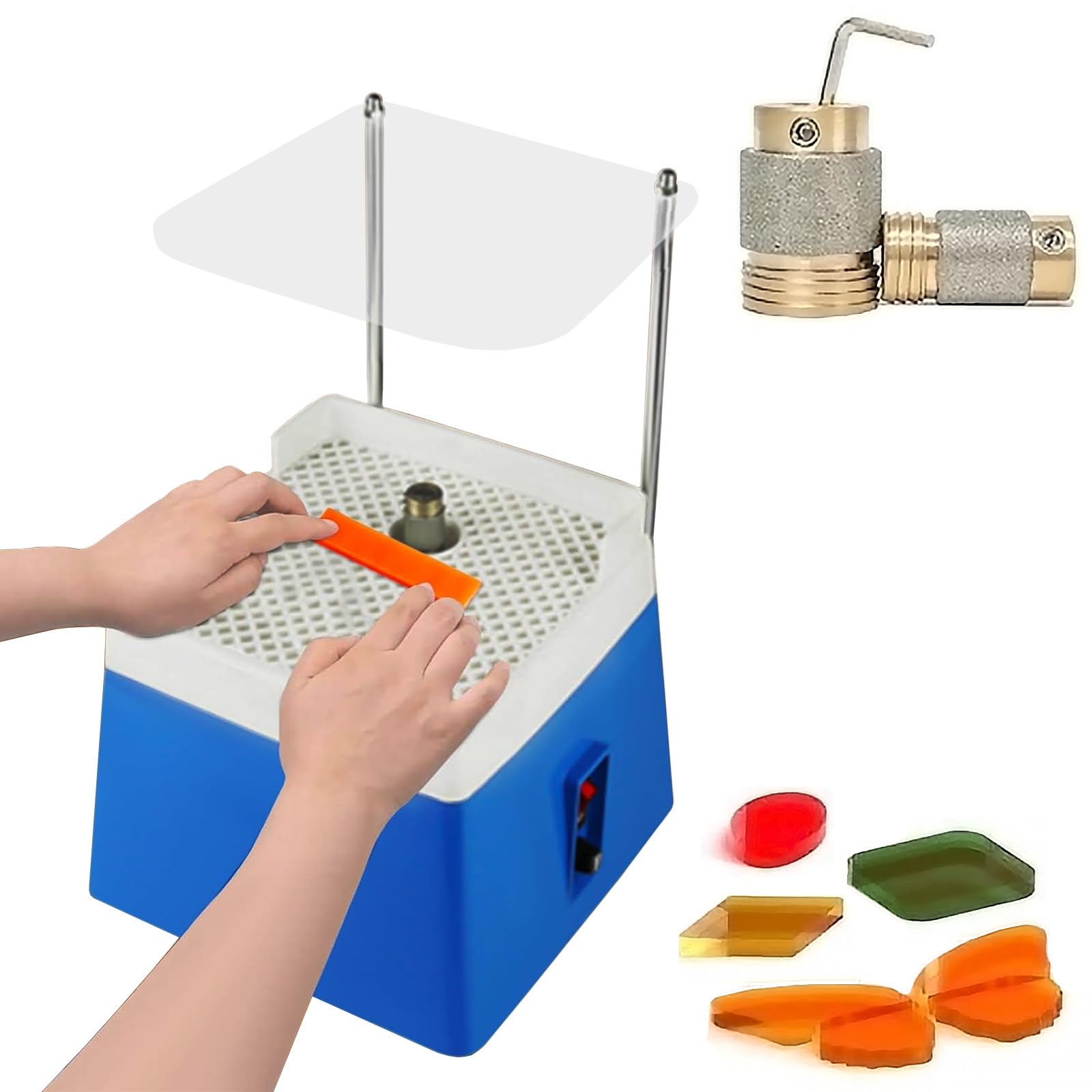 Mini Amoladora de Vidrio, Molino de Vidrieras Portátil 4200 RPM, Amoladora Automática de Vidrio Teñido con 2 Tamaño de Pulido y Panel Deflector, para Vidriera, Mosaico, Cerámica y Artis