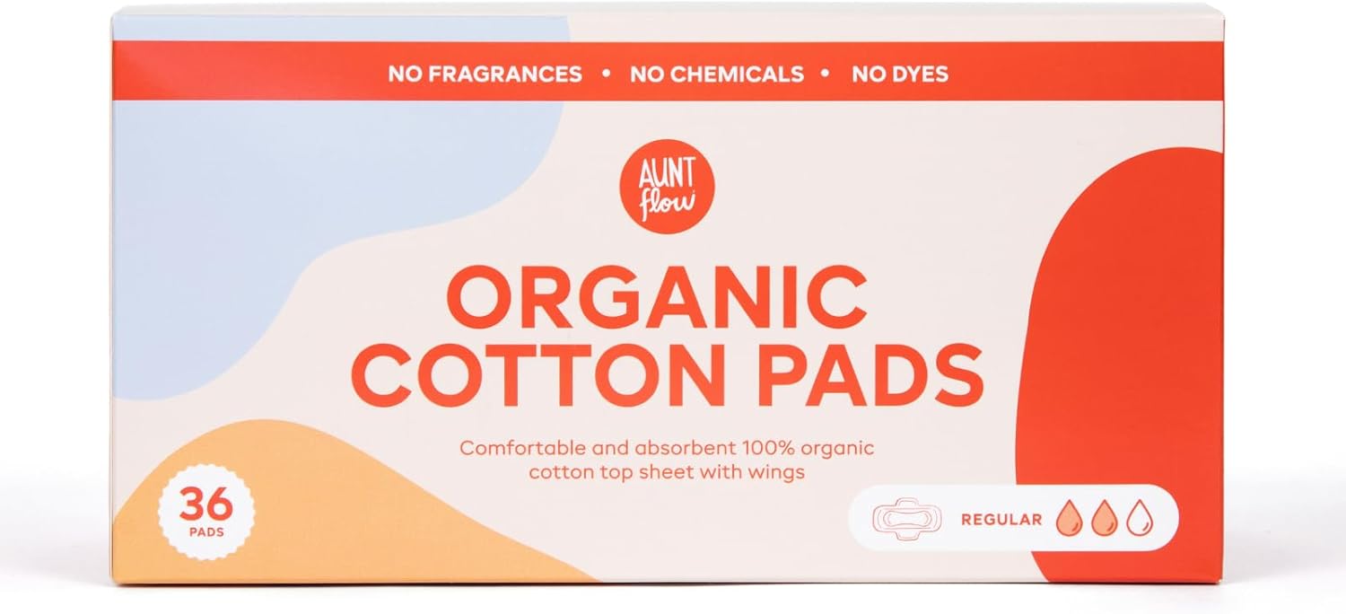 Aunt Flow Organic Cotton Pads with Wings - Regular Absorbency Menstrual Pads, Dioxin-Free, Hypoallergenic, 36 Count