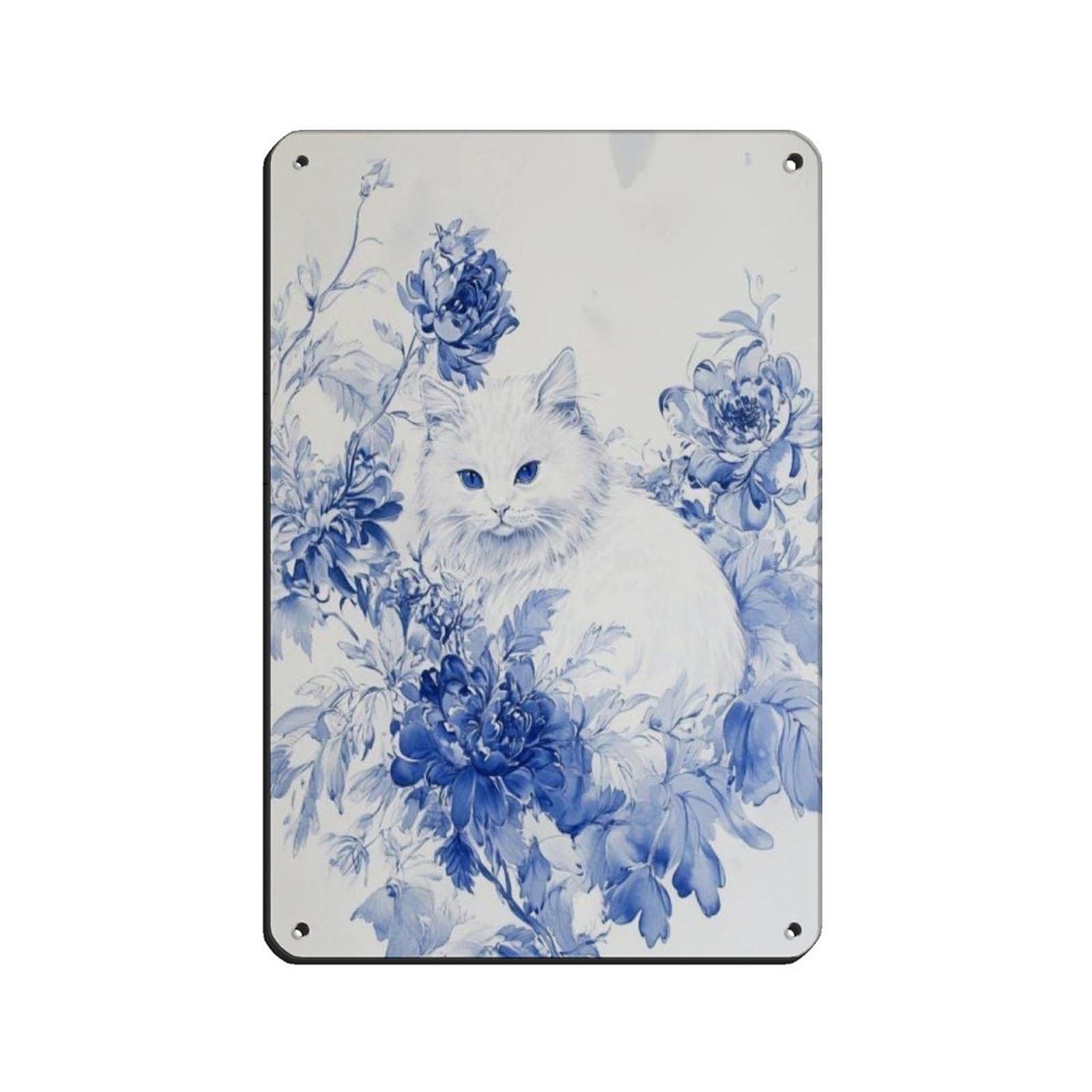 Lxwnze 20L X 30W Cm Schattige Witte Kat Met Blauwe Bloemen Poster Retro Poster Metal Tin Sign Chic Art Retro Iron Painting Bar People Cave Cafe Family Garage Poster Wall Decoration 8X12inch(20X30cm)