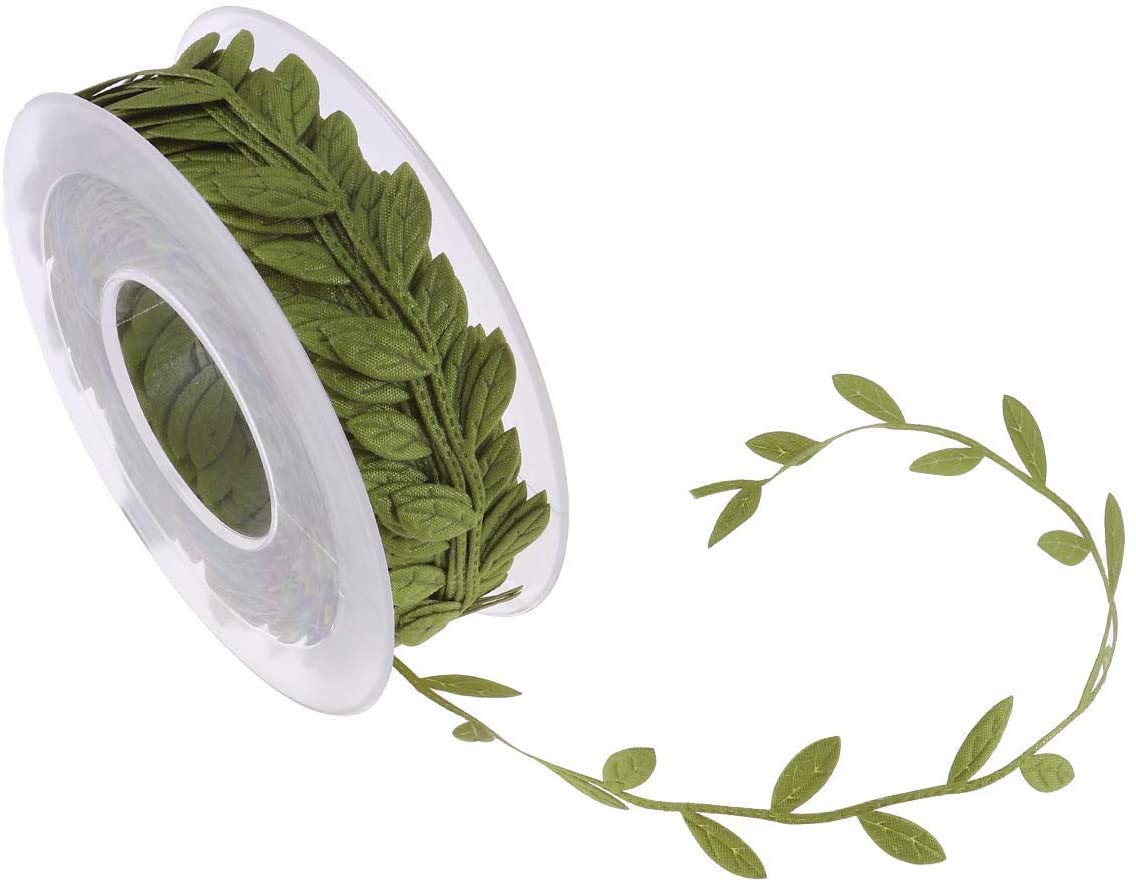 ANCLLO 15M Olive Green Leaves Leaf Trim Ribbon for DIY Craft Party Wedding Home Decoration