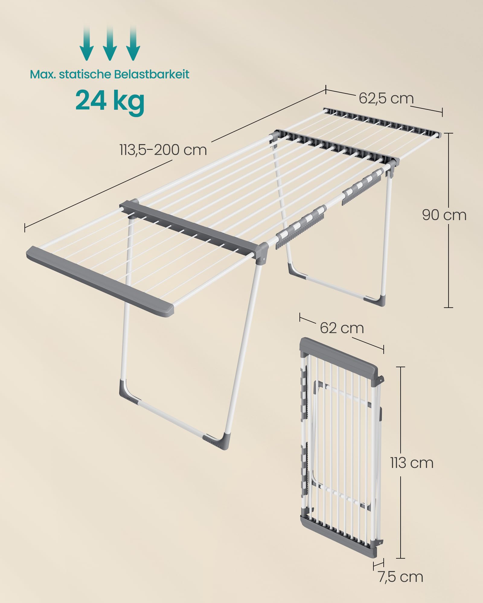 SONGMICS Wäscheständer, Standtrockner, ausziehbare Flügel, Flügelwäscheständer, 22 m Trockenfläche, Flügelwäschetrockner mit Sockenhalter, klappbar, perlweiß-Taubengrau LLR522WK01