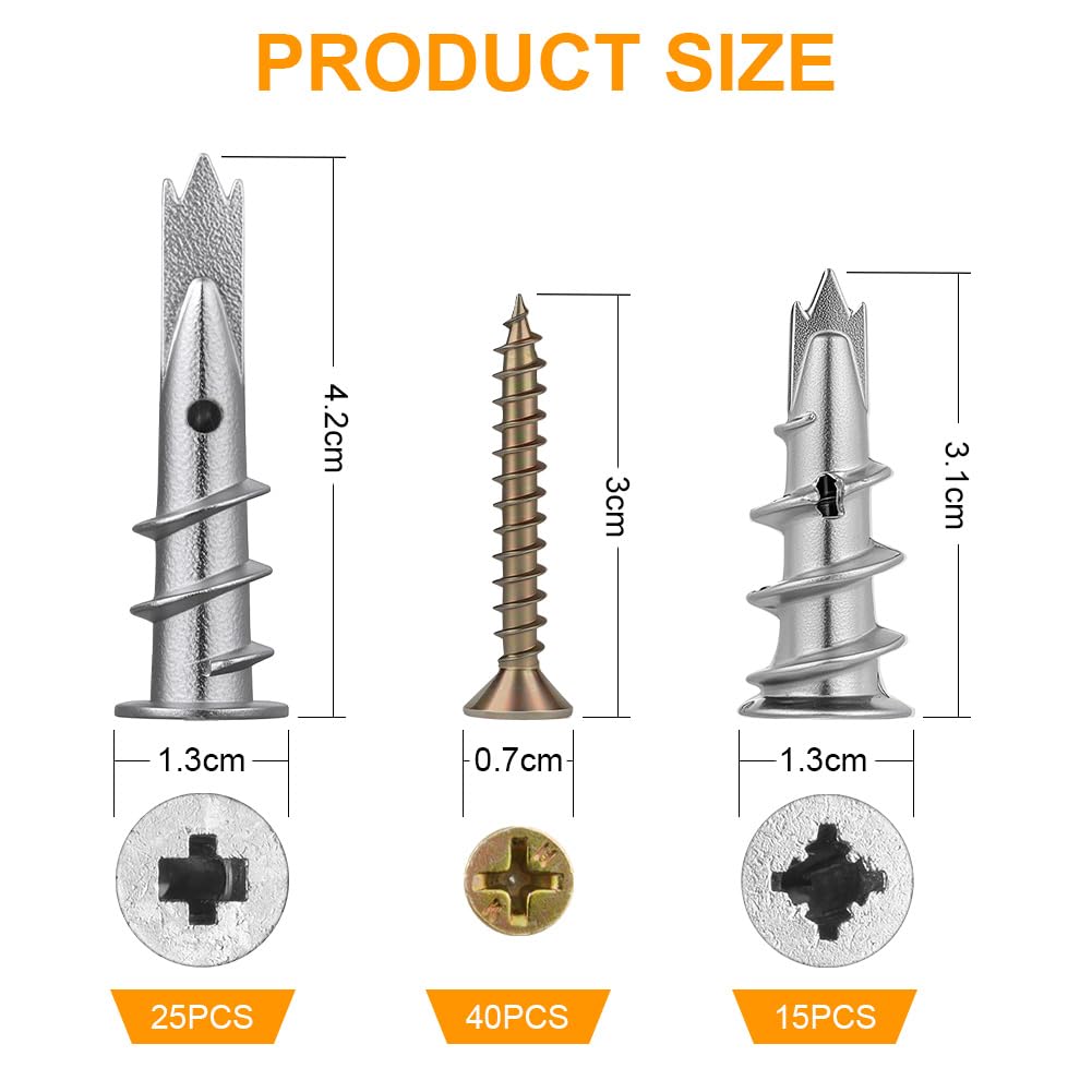 vsshe Plasterboard Fixings 80 PCS, Metal Wall Plugs and Screws, Heavy Duty Gold Cavity Original Plugs - Image 2