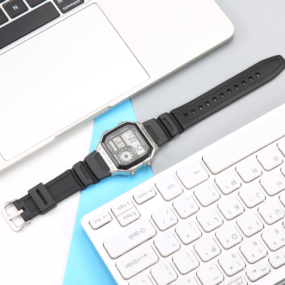 Zapasowy pasek do zegarka z żywicy naturalnej, kompatybilny z Casio AE-1200 SGW-300H MRW-200H W-735H wodoodporny gumowy pasek, Czarna srebrna klamra, 18mm, Klasyczny