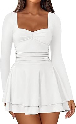 IWD Women's Square Neck Long Sleeve Mini Dress Ruched Corset Waist Tiered Ruffle Hem A Line Short Party Dresses