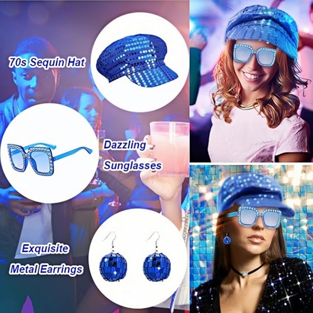 Foto 4 de 7 de SDXCJY Juego de 3 sombreros de sequines de los años 70 para adultos, con cadena de joyas de lentejuelas