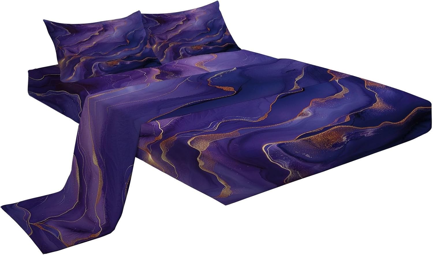 Print Fitted Sheet Set King Size for Kids Boys Girls, Deep Purple Bed Sheets Marble Pattern Fitted Sheet Adults Flat Sheet Soft Luxury, Home Room Decor 4Pcs