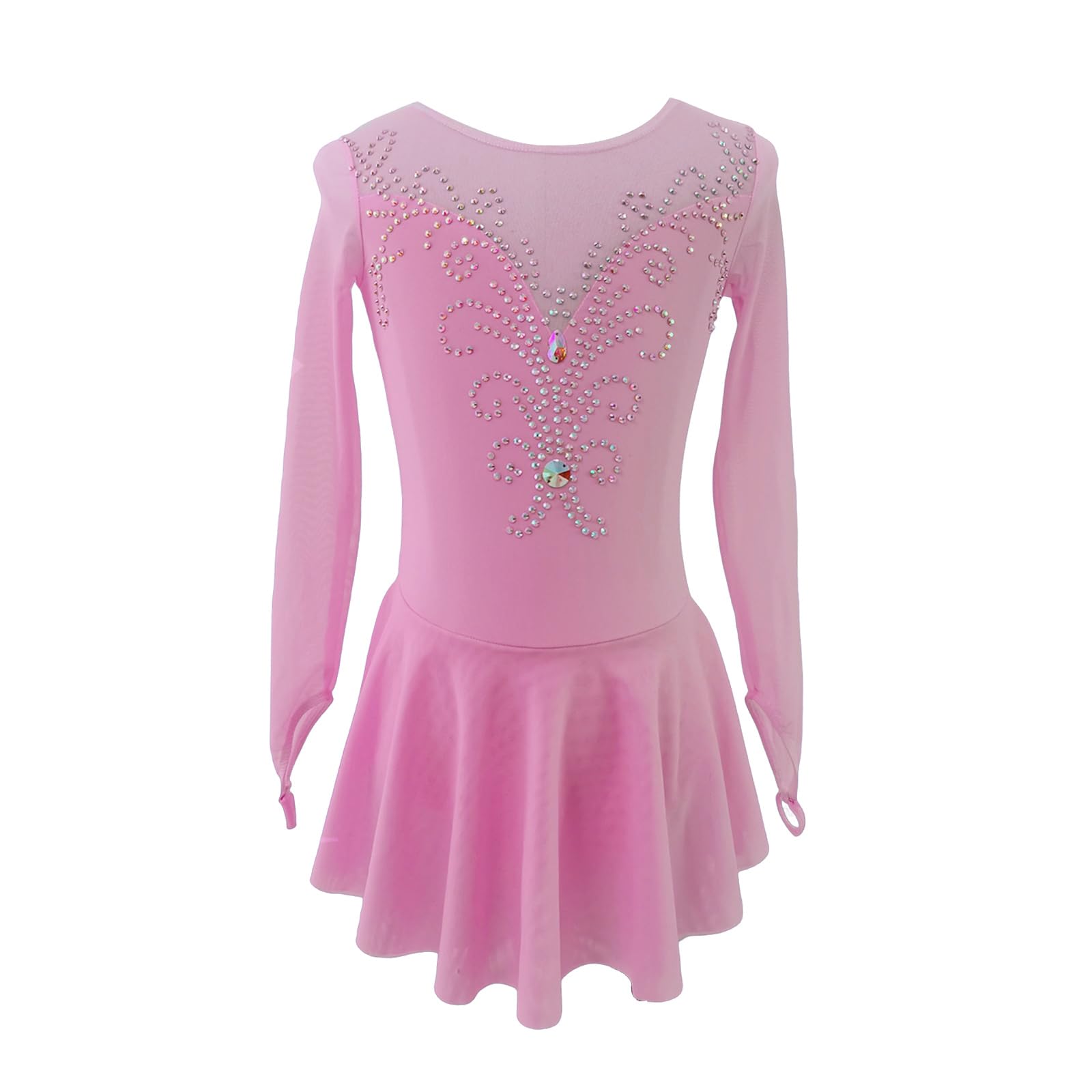 LIUHUO Ice Figure Skating Dress Girls' Elegant Handmade Crystal Long Sleeves Competition Womens Pink
