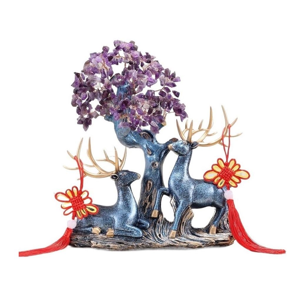 Fortune Crystal Trees Crystal Fortune Tree Decoration, with Deer Living Room Entryway Wine Cooler Ornament(Purple)