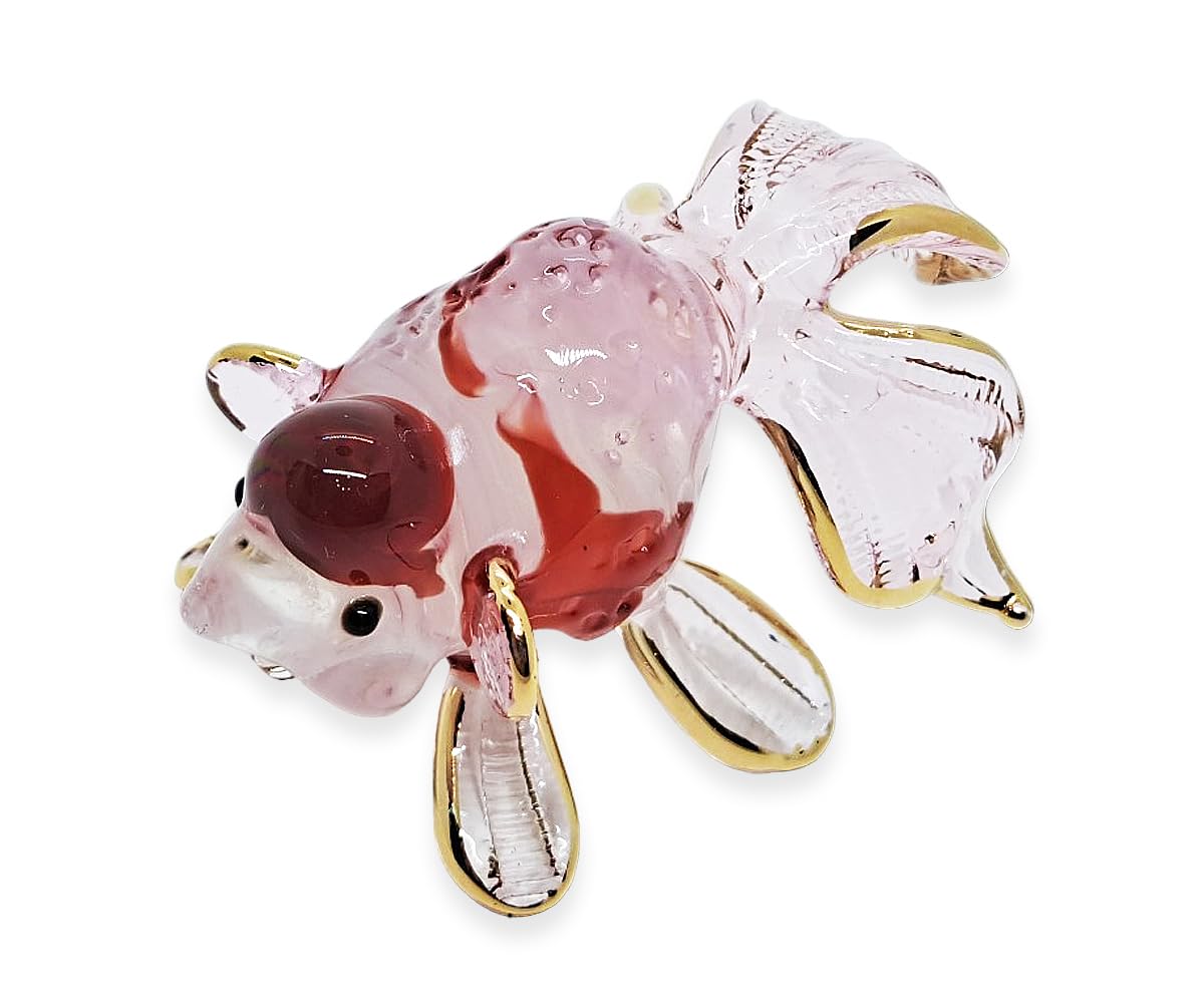 WitnyStore Tiny 3" Pink Red Gold Ranchu Lionhead Goldfish Figurine - Miniature Hand Blown Glass Gold Fish Animal Colorful Freshwater Ornamental Fishes Crystal Decorative Collectible Figure Décor Gifts