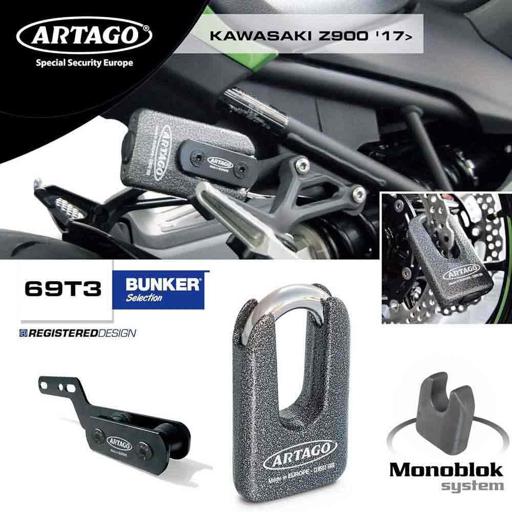 Artago 69T3 Pack Candado Antirrobo Disco Alta Seguridad + Soporte para Kawasaki Z900, Homologado Sra, Sold Secure Gold, ART4