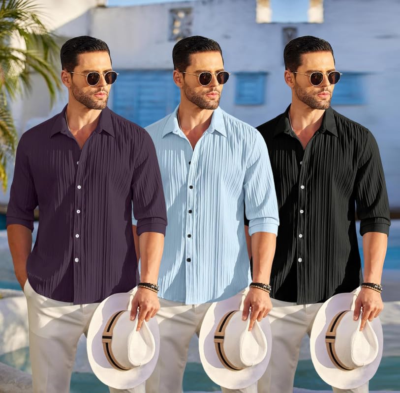 Image of FINIVO FASHION Combo of Men's Casual Cotton Plain Button Down Shirt Long Sleeve Textured Summer Beach Shirt for Men Pack of 3