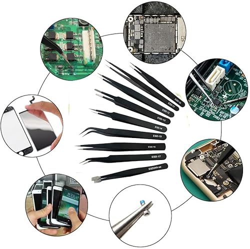 Miniatura 7 de Juego de 9 pinzas ESD de precisión, pinzas inoxidables no magnéticas y antiestáticas, con bolsa de lona de almacenamiento para manualidades,