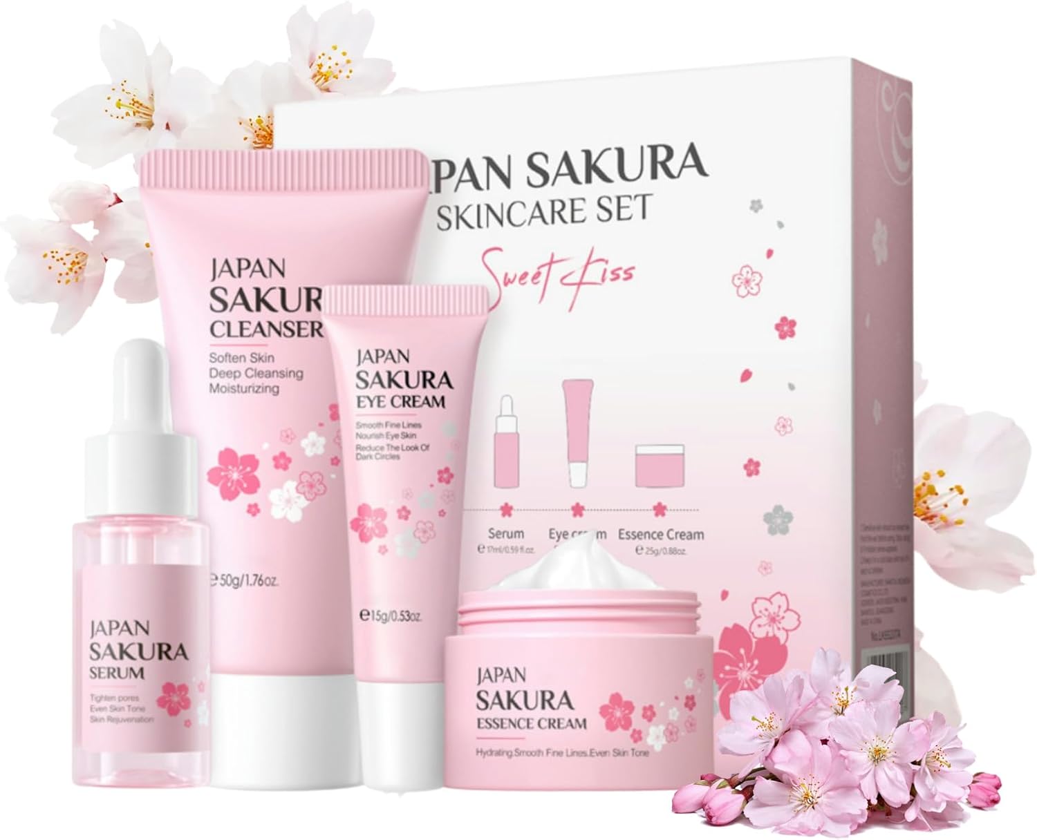 Sakura Skin Care Sets & Kits for Teenage Girls, 4 Piece Cherry Blossom Skincare Gift Set, Skin Cleaning & Care Kit with Cleanser, Serum, Face Cream, Eye Cream