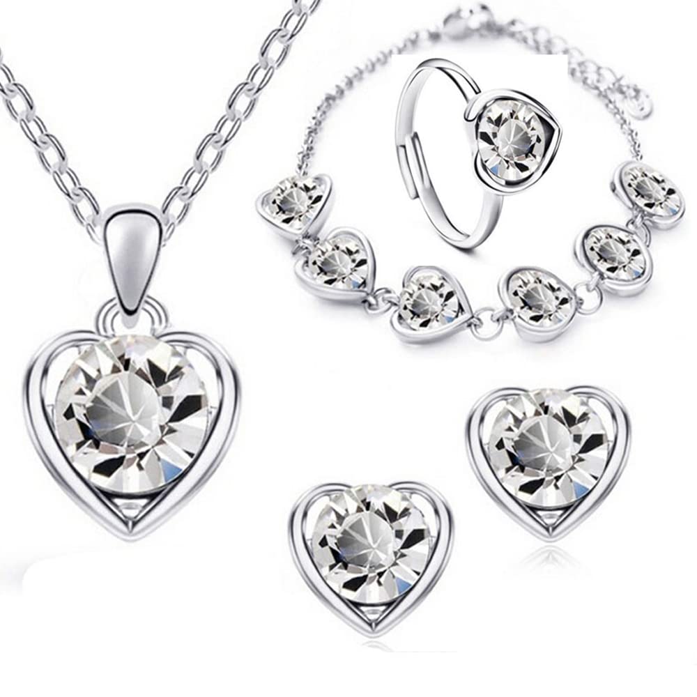 TOFBS Conjuntos de Joyas para Mujer y Niñas Corazón Cristal Collar con Colgante Pendientes Pulsera y Anillo Juego de Joyas Boda Fiesta Cumpleaños Día de San Valentín Regalos