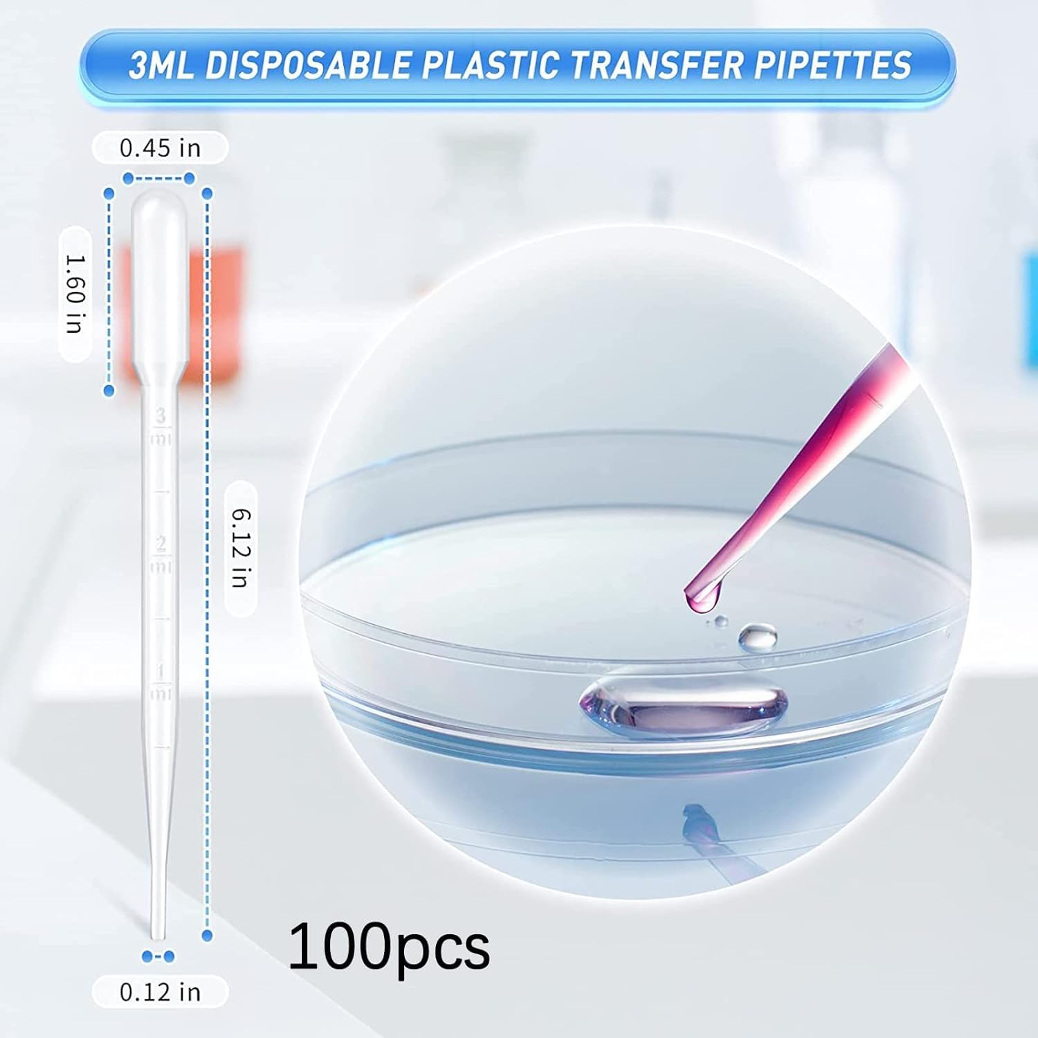 100 Stück Pipette, Einweg Transferpipette Aus Kunststoff, 3 Ml Wiederverwendbar Pipetten, Transparente Messpipetten, Transferpipetten für Labor, Klassenzimmer, Experiment