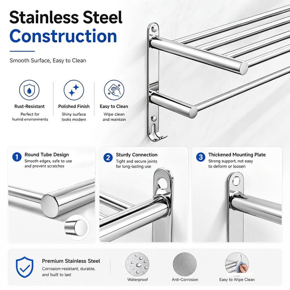 Porta Asciugamani da Parete 2 Livelli con Mensola, con Ganci e Viti | Portasciugamani Bagno Allungabile 43-76 cm, Porta Salviette da Muro Acciaio Inox, per Bagno, Cucina, Hotel (Argento)