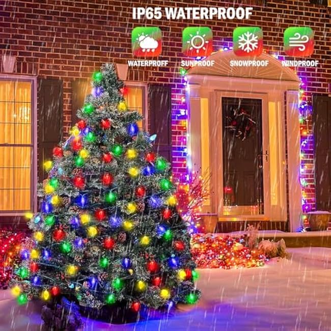 Solar Christmas String Lights, 50 LED 8 Modes C6 Strawberry Multicolored String Lights Waterproof Rechargeable Outdoor Garden Fairy Lights for Christmas Tree, Xmas Yard, Party, Wedding Decorations