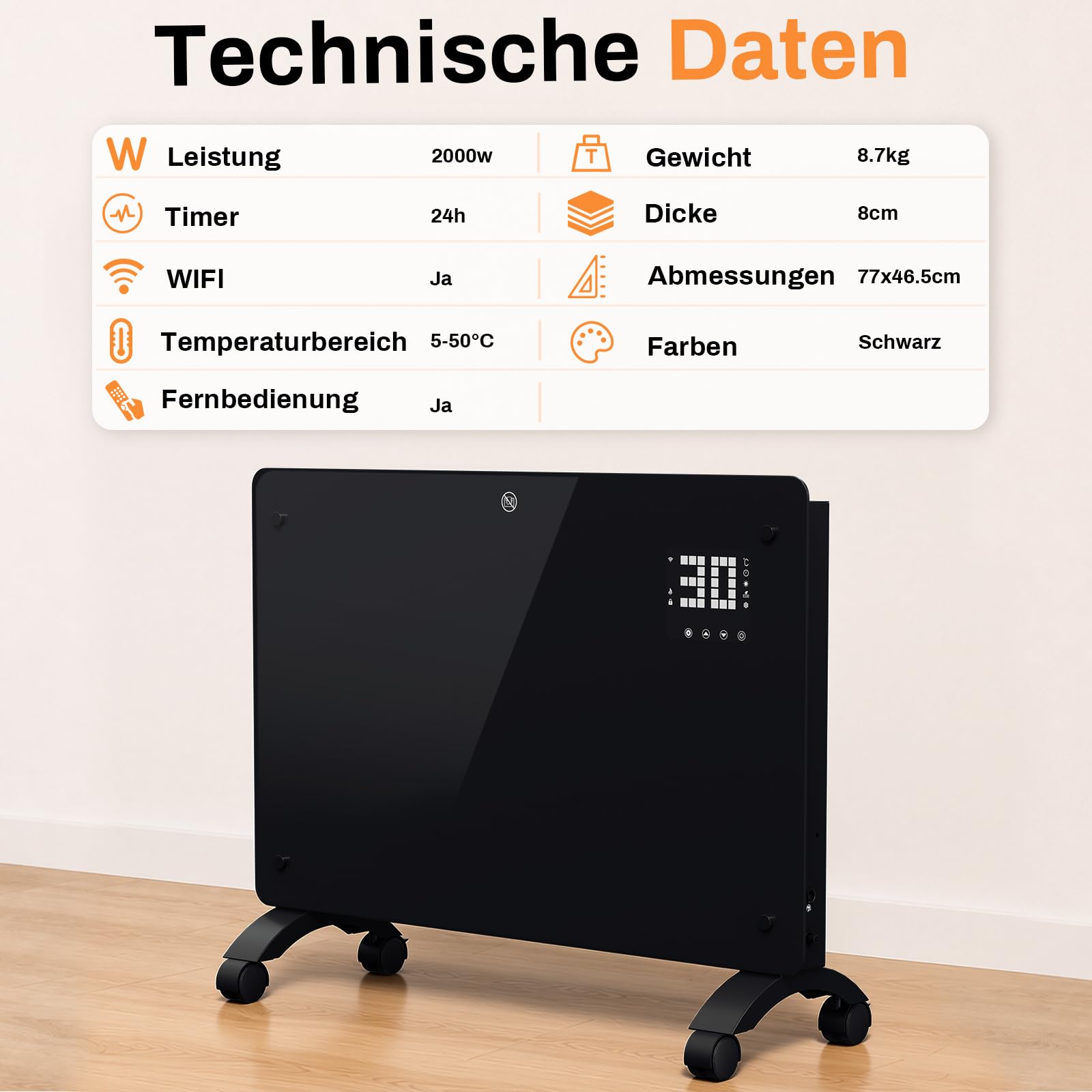 Duisech ogrzewanie konwektorowe, 2000 W, Wi-Fi, termostat, szklany front