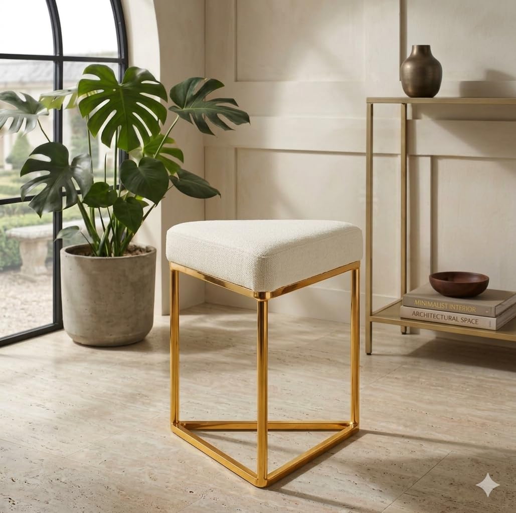 Modern Velvet Vanity Stool with Gold Metal Frame | Upholstered Makeup Chair for Dressing Table | Accent Seating for Bedroom, Living Room & Home Décor (Off White)-image-45