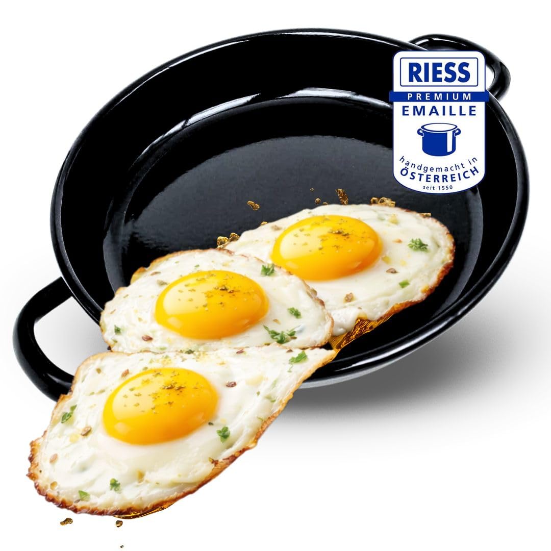 Riess Eierpfanne 22 cm Emaille – Servierpfanne -Omlettpfanne – ideal für Induktion- Eier-Pfanne kratzfest & hitzebeständig – kleine Bratpfanne für Omlette Spiegelei schwarz Made in Österreich