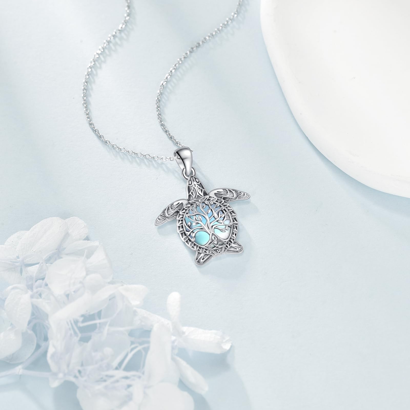Meeresschildkröte/Eule Mondstein kette Halskette 925 Sterling Silber Lebensbaum Filigraner Anhänger Halskette Valentinstag Schmuck für Damen