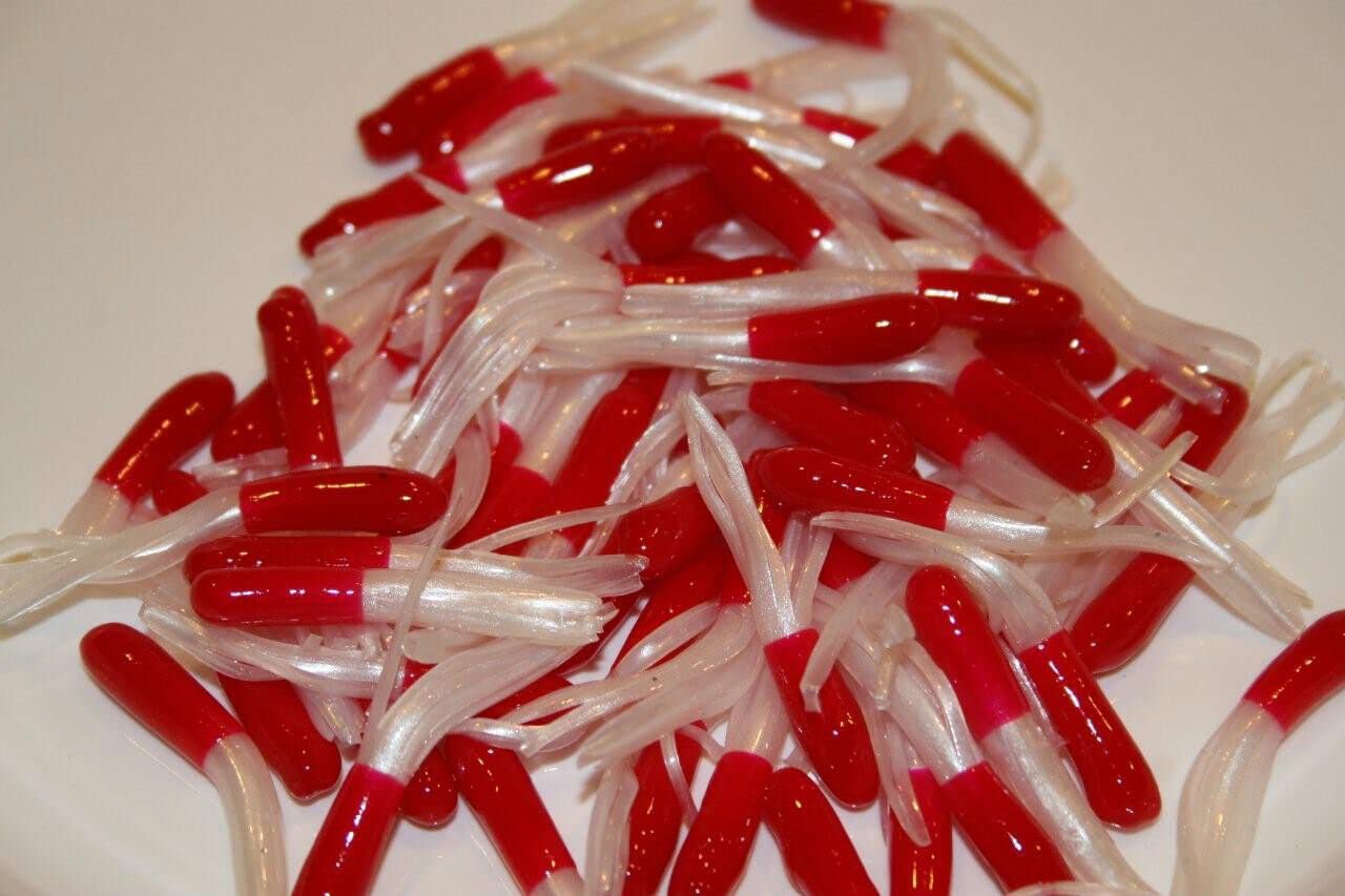 Qty- 40 pk 1.5" Red / White Crappie Fishing Tube Jig Skirts Bluegill Perch